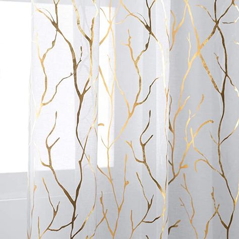 Branch Curtain Rods, Gold Tree Branches, Gray Sheer Curtains, Steampunk Bathroom, Bathroom Window Curtains, Cream Curtains, Kitchen Window Curtains, White Sheer Curtains, Gold Living Room