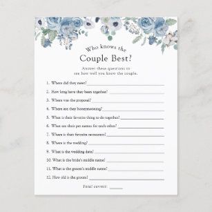 Something Blue Bridal Shower Ideas Decor, Blue Bridal Shower Themes, Blue Bridal Shower Decorations, Who Knows The Couple Best, Who Knows The Bride Best, Bridal Shower Inspo, Something Blue Bridal, Bridal Bingo, White Bridal Shower