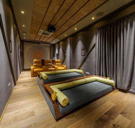 AN ARTISTIC ABODE – Aangan Architects Aangan Architects, Home Theatre Design, Home Theater Room Design, Theater Rooms, Theater Room Design, Theater Design, Home Cinema Room, Home Theater Decor, Movie Theatre