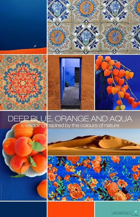 Cobalt Blue Mood Board, Cobalt Blue Colour Combination, Blue Orange Black White Color Palette, Colors That Go With Cobalt Blue, Brand Color Inspiration Mood Boards, Cobalt Blue Palette, Blue And Orange Mood Board, Royal Blue Mood Board, Orange And Blue Fashion