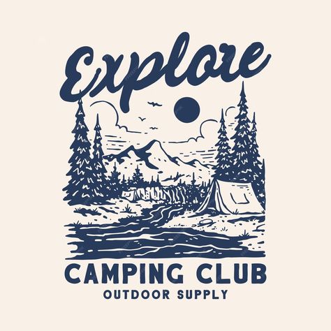 Premium Vector | Camping club illustration Vintage Camp Illustration, Outdoorsy Tshirt Design, Retro Camping Illustration, Camping Graphic Tee, Camping Design Ideas, Camping Tshirt Design, Winter Graphic Tees, Outdoor Tshirt Design, Camp Design Ideas