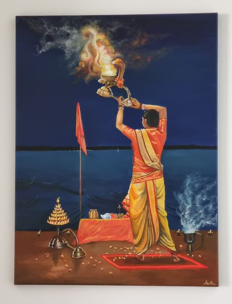 Commissioned Artwork- Oil Painting on A2 size Canvas Ganga Aarti, Commissioned Artwork, A2 Size, Oil Painting, Canvas, Quick Saves, Art