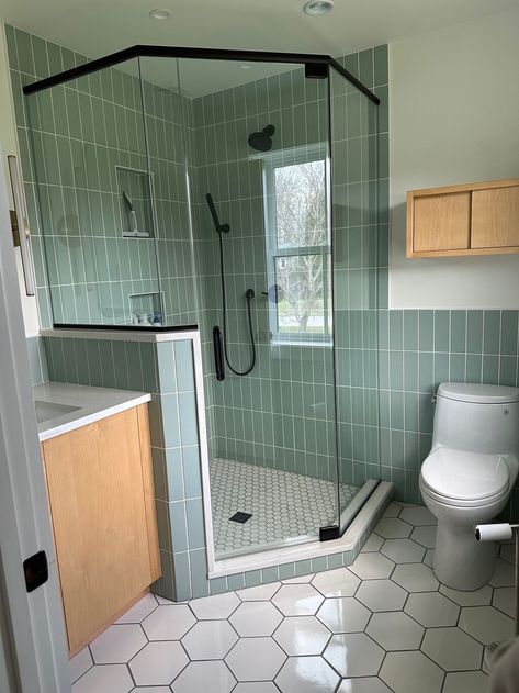 Sea Green Bathrooms, Sea Glass Tile, Glass Tile Shower, Bold Bathroom, Wainscoting Bathroom, Shower Style, Primary Bath, Glazed Glass, Fireclay Tile