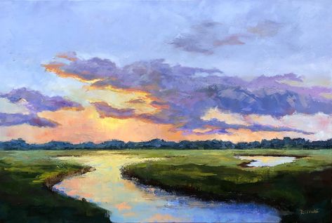 Low country marshes are a place of serenity and beauty.  This impressionistic painting captures the vibrant colors of the sunset reflected in the colorful clouds. Glowing Water, Fiery Sunset, Sky Art Painting, Nature Art Drawings, Watercolor Sky, Watercolor Sunset, Country Paintings, Watercolor Projects, Floral Oil Paintings