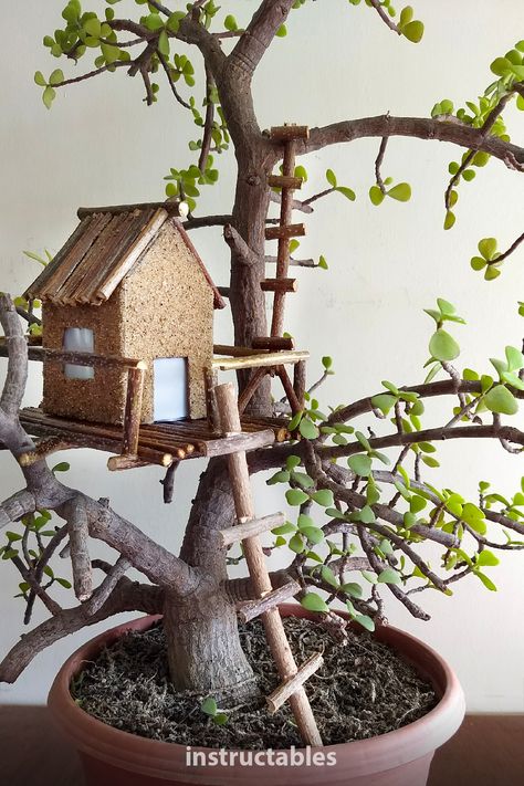 Rustic Tree House, Takken Decor, Farm Tips, Bonsai Mini, Fairy Garden Pots, Tanaman Indoor, Fairy Tree Houses, Tree House Diy, Fairy Garden Crafts