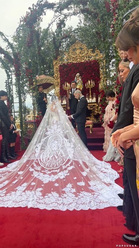 Kourtney Kardashian's Virgin Mary Design in Her Veil Kourtney Outfits, Kourtney Kardashian Wedding, Kardashian Wedding, Boda Mexicana, Catholic Wedding, Dream Wedding Ideas Dresses, Mexican Wedding, Wedding Mood, Dreamy Wedding