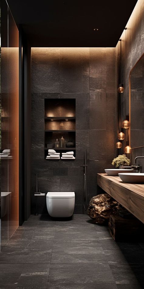 Bathroom Interior Design Luxury Black, Wc Decoration, Masculine Bathroom, Toilette Design, Ideas Baños, Bathroom Design Black, Dark Bathrooms, تصميم داخلي فاخر, Bathroom Decor Luxury