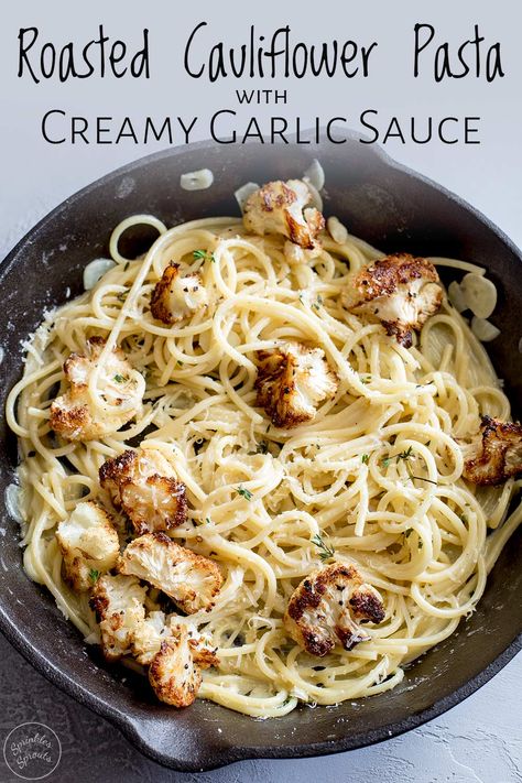 This Roasted Cauliflower with Creamy Garlic Pasta is an elegant yet simple vegetarian pasta dinner. Perfect for entertaining or dinners on meatless Monday. The cream and garlic come together to make a creamy dreamy sauce that is pure comfort food, whilst the roast cauliflower gives some texture to the pasta. This really is a delicious vegetarian dinner. #vegetarianpasta #cauliflowerpasta Roasted Cauliflower Pasta, Vegetarian Pasta Dinner, Cauliflower Pasta Recipes, Roast Cauliflower, Creamy Garlic Pasta, Delicious Vegetarian Dinner, Cauliflower Pasta, Garlic Spaghetti, Resep Pasta