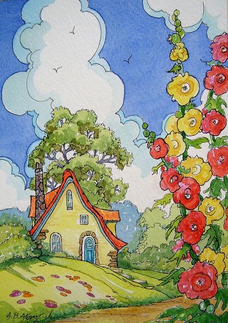 oh-so-charming Down Hollyhock Lane Storybook Cottage Series / artist sells her beautiful original artwork on eBay under the name moonflowerkeep Art Deco Cottage, Cottage Prints, Storybook Art, Art Fantaisiste, Storybook Cottage, Surrounded By Flowers, Yellow House, Canvas For Beginners, Cottage Art