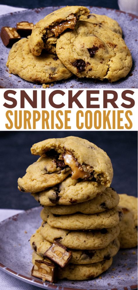 Snickers Surprise Cookies, Snickers Stuffed Cookies, Recipes Using Snickers Candy Bars, Cookies With Snickers Inside, Snicker Recipes, Snickers Recipes, Snickers Cookies Recipes, Donut Hole Recipe Baked, March Recipes