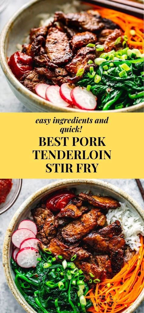 So easy, quick, and delicious! If you are looking for easy pork tenderloin recipes, looking no further! You only need to cook this pork loin in about 5-6 minutes in a skillet! This Asian Pork Tenderloin Stir Fry is so juicy, tender, and flavorful! It's something that your kids will love because of its sweet flavor! #pork #tenderloin #stirfry #asianrecipes #recipes Best Pork Tenderloin, Asian Stir Fry Sauce, Easy Pork Tenderloin Recipes, Asian Pork Tenderloin, Asian Bowl, Easy Pork Tenderloin, Pork Stir Fry Recipes, Asian Bowls, Recipe Cheesecake