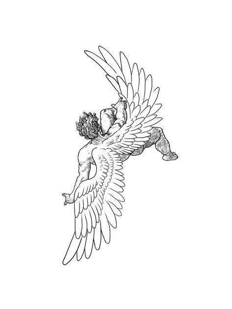 Icarus Line Art, Behind Knee Tattoo, Greek Mythology Line Art, Engraving Style Tattoo, Icarus Tattoo Design, Icarus Tattoo, History Tattoos, Greek Tattoos, Tattoo Design Book