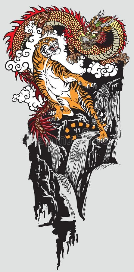 Eastern dragon versus tiger royalty free illustration Dragon Tattoo Japanese Style, Dragon Tiger Tattoo, Tigre Y Dragon, Dragon And Tiger, Japanese Tiger Tattoo, Tattoo Japanese Style, Earth Tattoo, Tiger Dragon, Eastern Dragon