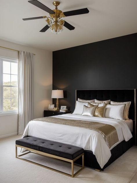 Create a bold and dramatic guest bedroom by incorporating a black accent wall. Add a touch of elegance with gold or silver framed wall art, and complete the look with crisp white bedding and plush velvet throw pillows. Black Accent Wall Ideas, Black Accent Wall, Accent Wall Ideas, Black Accent Walls, Aesthetic Room Ideas, Black Bedroom, First Apartment, Velvet Throw, Wall Ideas