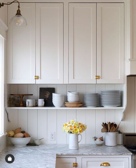 That shelf under the cabinet is just enough for display!! Shelves Under Kitchen Cabinets, Rejuvenation Rejuvenation, Styling A Shelf, Organizing Shelves, Under Cabinet Shelf, Kitchen Floating Shelves, River Birch, Lake House Kitchen, Kitchen Finishes