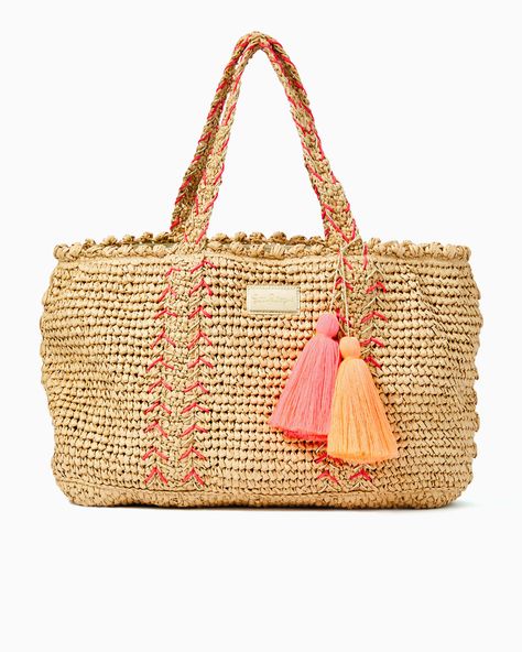 Nosara Straw Tote | Lilly Pulitzer Braided Embroidery, Thread Tassels, Nosara, Vacation Essentials, Gold Foil Logo, Natural Paper, Straw Tote Bag, Lightweight Bag, Straw Tote