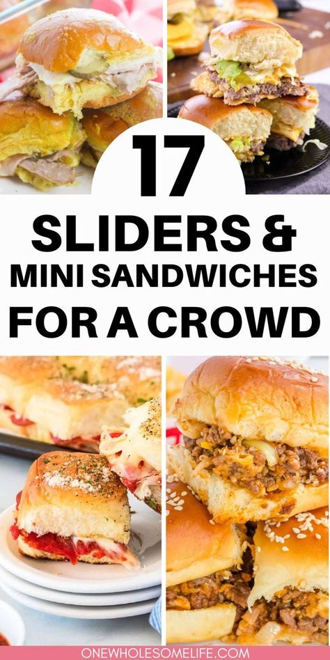 Collage of sliders and mini sandwiches. Sliders For A Crowd, Warm Recipes, Easy Sliders, Sliders On Hawaiian Rolls, Hawaiian Roll Sandwiches, Sliders Recipes Hawaiian Rolls, Hoagie Sandwiches, Easy Slider Recipes, Easy Slider