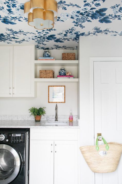 White Family Rooms, Transitional Laundry Room, Herringbone Tile Floors, Blue Laundry Rooms, White Laundry Rooms, Laundry Room Wallpaper, Blue And White Wallpaper, Tiny Laundry Rooms, White Laundry