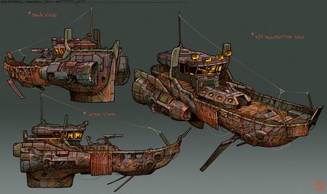 ArtStation - Tugboat concept art , Tano Bonfanti Tano Bonfanti, Steampunk Ship, Ship Sketch, Steampunk Vehicle, Pirate Boats, Stylized Art, Arte Steampunk, Concept Vehicles, Flying Boat