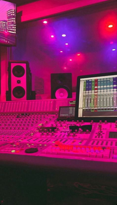 #studio Pink Music Studio Aesthetic, Black Recording Studio, Studio Recording Aesthetic, Producer Studio Aesthetic, Pink Music Studio, Writing Music Aesthetic, Recording Aesthetic, Music Career Aesthetic, Music Production Aesthetic