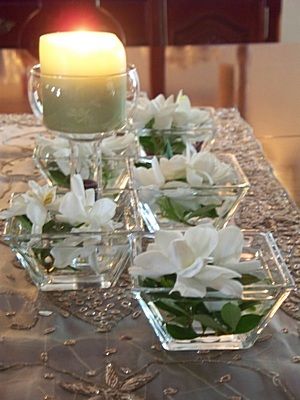 Pretty and simple.....floating gardenias and candles. Gardenia Centerpiece, Gardenia Wedding, 50th Anniversary Party, Floating Flowers, Wedding Table Centerpieces, The Table, Celebration Of Life, Floral Decor, Table Centerpieces