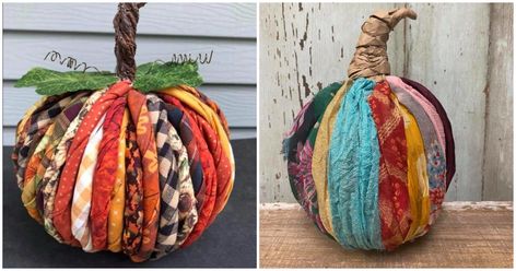 How To Make Rag Strip Pumpkin (5 Easy Steps) Rag Pumpkins Diy, Scrap Fabric Pumpkins Diy, Scrap Fabric Pumpkins, Fall Crafts With Ribbon, Squash Decorating Ideas, Twisted Fabric Pumpkin Diy, Rag Strip Pumpkin Diy, Twisted Fabric Pumpkin, Fabric Covered Pumpkins