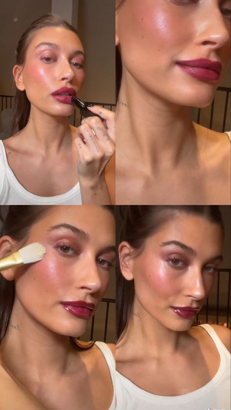 Berry Red Lip Makeup Look, Red Lip Fair Skin, Hailey Bieber Red Lips, Berry Toned Makeup, Berry Blush Makeup, Cranberry Makeup Look, Cherry Coke Makeup, Hailey Bieber Make Up, Berry Lipstick Makeup Look