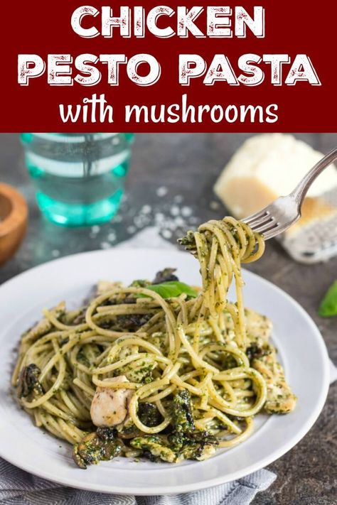 Chicken Pesto Pasta with Mushrooms is ready in just 20 minutes. Turn a jar of pesto into an easy meal that will have the whole family coming back for seconds. Or make the vegetarian option for #meatfreeMonday #chickenpesto #pesto #recipes #healthy #easy #chicken Pesto Recipes Healthy, Pesto Pasta Recipes Chicken, Pesto Pasta Bake, Pasta With Mushrooms, Chicken Pesto Pasta, Recipes Healthy Easy, Pesto Recipes, Pesto Pasta Recipes, Chicken Pesto