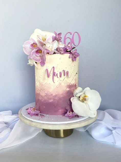 Orchids Birthday Cake, 65th Cake Ideas, 60th Birthday Cake Buttercream, Small 60th Birthday Cake, Pretty 60th Birthday Cakes, 50th Birthday Cake For Mom Elegant, 65 Cake Birthday, 60th Birthday Cake Mom, 1 Tier Cake With Flowers