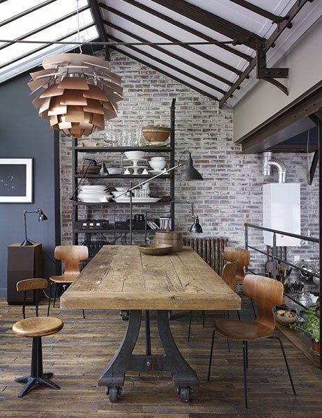 Celebrate industrial-chic in a new book featuring vintage furniture from the 1900s to 1950s Loft Estilo Industrial, Rustic Brick Wall, Kitchen Lighting Over Table, Dining Room Industrial, Style Dining Room, Vintage Industrial Decor, تصميم للمنزل العصري, Industrial Interior Design, Vintage Industrial Furniture