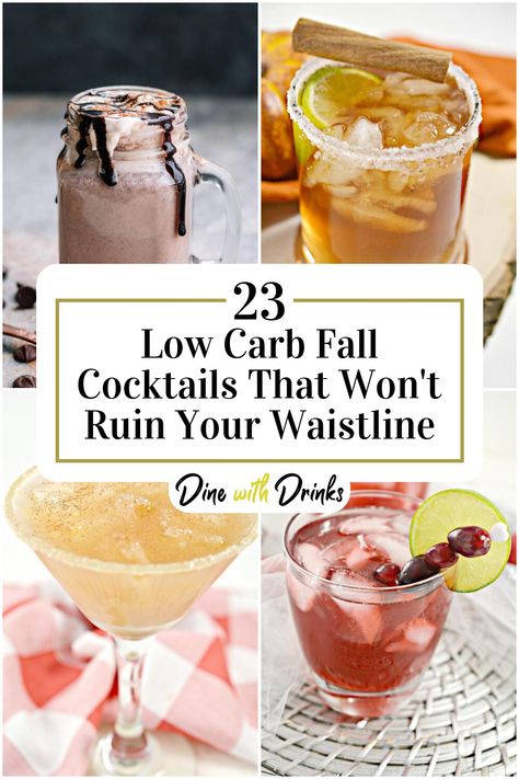 Collage of 4 low carb fall cocktails. Keto Alcohol Drinks For Fall, Low Calorie Mocktail Recipe Fall, Low Carb Fall Drinks Alcohol, Low Carb Christmas Drinks, Keto Fall Drinks Alcohol, Low Carb Fall Cocktails, Low Calorie Fall Drinks Alcohol, Keto Halloween Cocktails, Low Calorie Fall Drinks