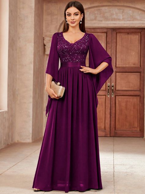 Deep V-Neck Sequin Insert Floral Lace Chiffon Formal Party Maxi Dress Maroon Party  Long Sleeve Lace Colorblock,Plain,All Over Print A Line Slight Stretch  Weddings & Events, size features are:Bust: ,Length: ,Sleeve Length: Dresses For Winter Wedding, Marine Ball Dresses, Maxi Dress For Wedding, Simple Long Sleeve Dress, Maroon Lace Dress, Muslim Evening Dresses, Wedding Dress Patterns, Women Lace Dress, Long Dress Design