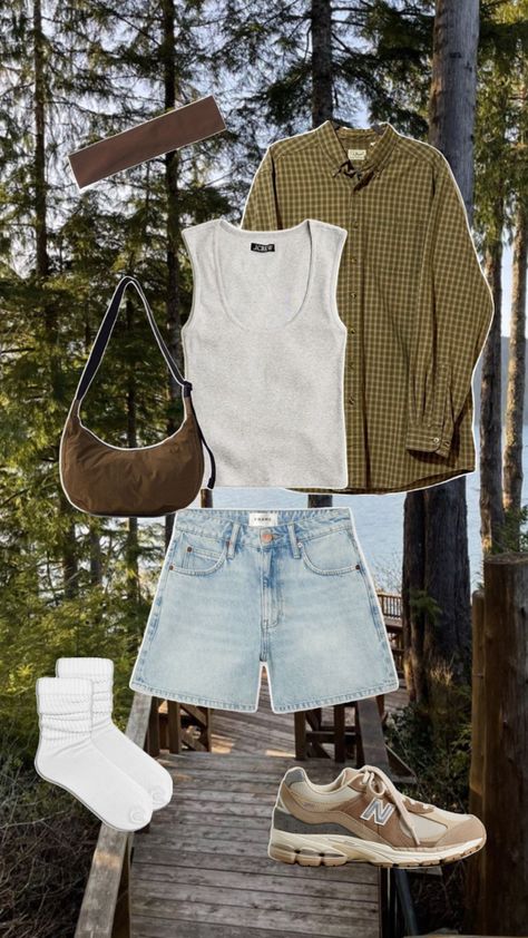 Cabin fit, brown headband, flannel, ll bean, green outfit, summer outfit, spring outfit, hiking fit, outdoor fit, casual outfit, sneakers, dad shoes, chunky shoes, athletic outfit, camping fit Hiking Summer Outfit, Casual Outfit Sneakers, Green Outfit Summer, Dad Shoes Outfit, Dad Sneakers Outfit, Casual Hiking Outfit, Outfit Camping, Cabin Outfit, Brown Headband