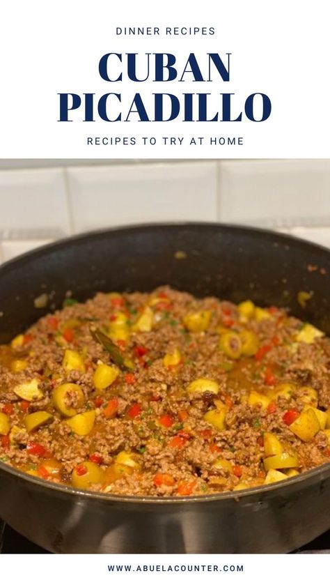 This one pot dinner recipe for Cuban Picadillo is ready in under one hour and serves four. Make this ground beef family dinner recipe today for your family. Cuban Picadillo Recipe, Cuban Picadillo, Picadillo Recipe, Family Dinner Recipe, Cuban Dishes, Huevos Fritos, One Pot Dinner, Cuban Recipes, Family Dinner Recipes