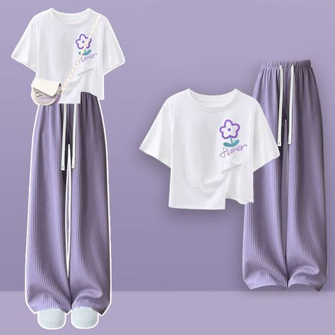 Purple Fits Aesthetic, Aesthetic Purple Outfits, Purple Shirts, Kawaii Swimsuit, Dark Academia Clothing, Color Pants, Cottagecore Fashion, Purple Pants, Kawaii Dress