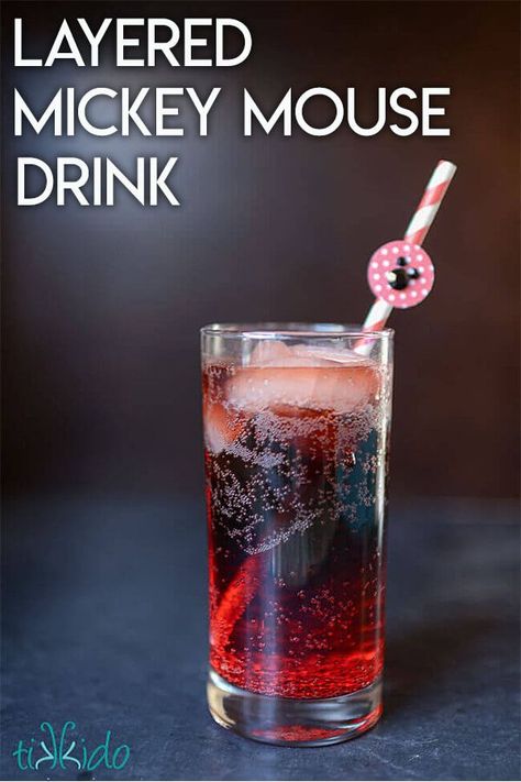 Make a layered Mickey Mouse drink using red cream soda and diet cola. Mickey Mouse Drink Ideas, Mickey Mouse Drinks, Mickey Mouse Cocktail, Drink Tutorial, Diet Cola, Layered Drinks, Disney Movie Night, Birthday Party Desserts, Best Alcohol