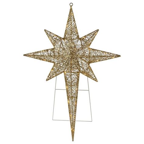 This hanging star is sure to light up your holiday decor! This star has the look of spun glass covered in sparkling gold glitter. The warm white LED lights provide a soft glow to your space. The loop at the top allows you to hang this star easily or you can use the easel-style stand to place in your yard.Gold lighted Bethlehem star Christmas yard decorationPre-lit with 50 warm white LED lights; micro fairy bulb sizeUL approved and certified for indoor or outdoor useGround stakes and cable ties includedDimension: 36-in H x 24-in W x 2-in DSome easy assembly required | Northlight Northlight 36-in Gold Hanging Christmas Star With Warm White LED Lights 35252089 Northlight | 36-In Gold Hanging Christmas Star With Warm White LED Lights | Rona