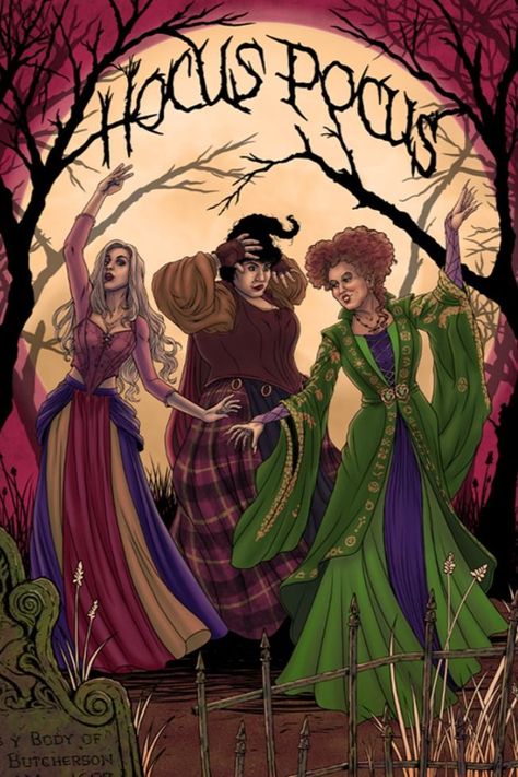 Illustration with the three witches from the hocus pocus movie. Hocus Pocus Painting Ideas, Hocus Pocus Artwork, Hocus Pocus Color Palette, Hocus Pocus Colors, Hocus Pocus Illustration, Hocus Pocus Images, Hocus Pocus Poster, Hocus Pocus Coloring Pages, Spookie Season