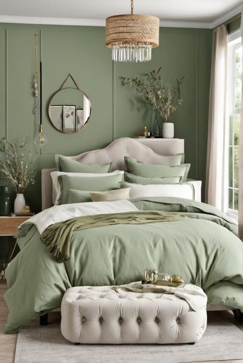 1. Bedroom decor
2. Color combinations
3. Sage green inspiration
4. Interior design ideas Olive Green And Khaki Bedroom, Sage Guest Bedroom Ideas, Green Couples Bedroom, Light Green Home Decor, Sage Comforter Bedroom Ideas, Sage Bedroom Ideas Colour Palettes, Green Bedroom White Furniture, Light Green And White Bedroom, Sage Green Teenage Girl Bedroom