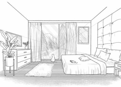 How To Draw A Bed In One Point Perspective, Perspective Drawing Room Interior Design, Bedroom In One Point Perspective, 1 Point Perspective Interior Design, 1point Perspective Drawing Room, 1 Perspective Room, Interior Design One Point Perspective, One Way Perspective Drawing, How To Draw Room Design