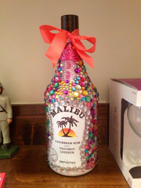 Bedazzled Malibu bottle for my Big's 21st Badazled Alcohol Bottles, Malibu Bottle Decorated, Malibu Bottle, Bedazzled Bottles, Decorating Bottles, Alcohol Bottle Decorations, Bedazzled Bottle, Wine Gifts Diy, Liquor Cake