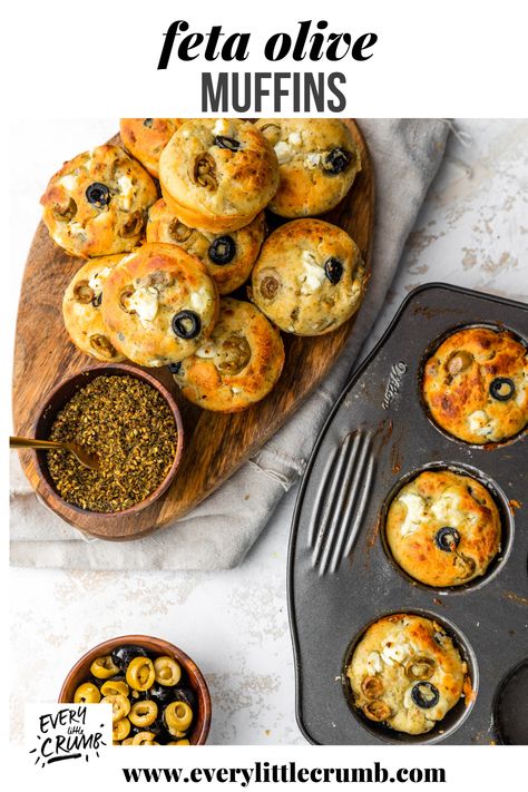 These savory Mediterranean muffins have feta cheese, olives, zaatar and lots of deliciousness! So easy to make, and a big hit with kids. Perfect lunchbox snack! Recipe video included. #feta #zaatar #muffins #savorymuffins #mediterranean #lunchbox #lunchboxsnacks Muffin Recipes Savory, Lunch Kids Ideas, Savoury Muffins Recipes, Mediterranean Muffins, Olive Muffins, Savory Healthy Snacks, Savoury Muffin, Savory Cupcakes, Easy Recipes For Kids