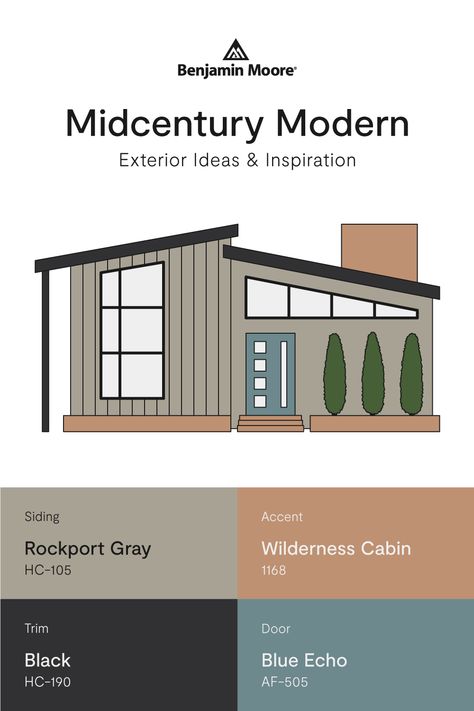 These combinations, handpicked by one of our color and design experts, show some fabulous contrast for mid-century modern homes—or any exteriors that could use some definition. Midcentury Modern Exterior Colors, Mid Century Modern Exterior Paint Colors Benjamin Moore, Mid Century Modern Ranch Exterior Paint Colors, Mid Century Ranch Exterior Paint Colors, Eichler Homes Exterior House Colors, Exterior House Paint Color Combinations Modern Mid Century, Mcm House Colors Exterior, Mcm House Exterior Makeover, Mid Mod Exterior Makeover