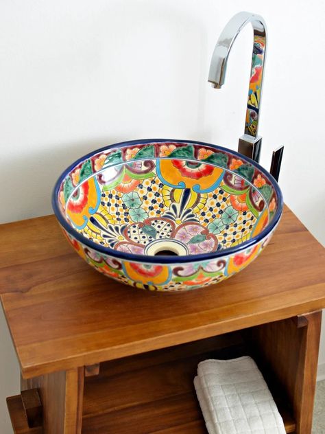 Talavera Bathroom, Mexican Sink, Mexican Interior Design, Talavera Sink, Disney Room Decor, Timeless Bathroom, Round Sink, Mexican Home, Talavera Pottery