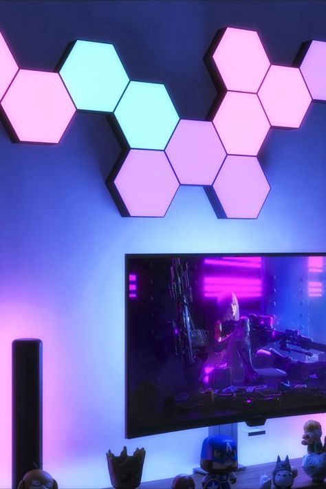 Light Up Hexagon Tiles, Hexagon Led Lights, Gaming Lights Design, Hexagon Wall Lights, Led Light House Aesthetic, Hexagon Lights Wall Design, Led Light Strip Ideas Bedrooms, Gaming Room Lights, Wall Led Light Decor