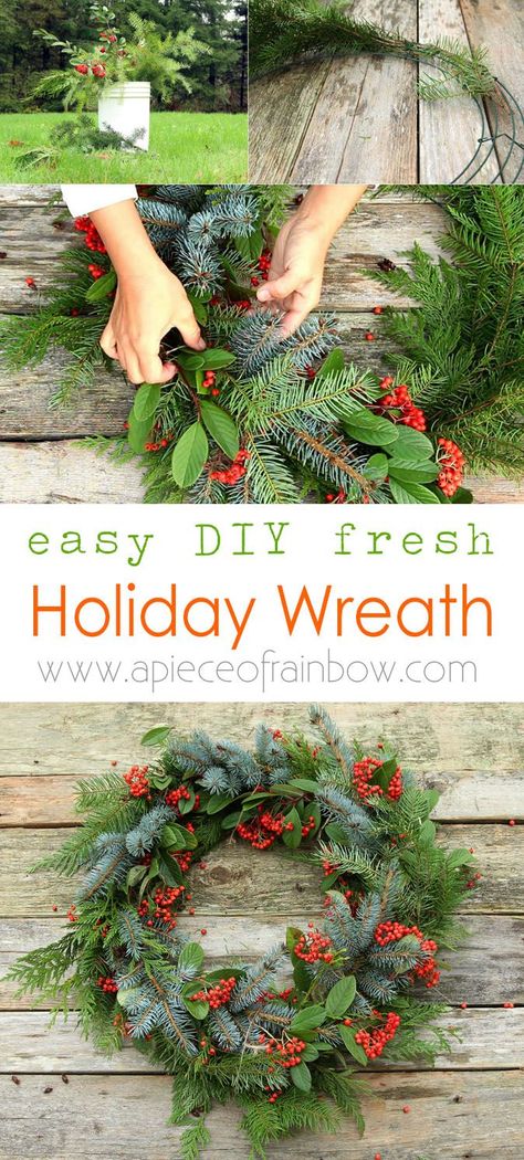 Make a beautiful Christmas wreath using fresh evergreen cuttings in 20 minutes! Looks great year round. Detailed tutorial and video! - A Piece Of Rainbow Fresh Christmas Wreath, Fresh Wreath, Rainbow Diy, Wreaths Ideas, Diy Christmas Wreaths, Christmas Decorations Wreaths, Christmas Wreaths To Make, Xmas Wreaths, Holiday Wreath