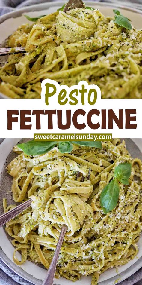 Fork being twirled in pesto fettuccine in grey bowl with fresh basil leaves. Pesto Fettucini, Pasta Fettucine, Easy Basil Pesto, Chicken Recipes Juicy, Veg Noodles Recipe, Fettuccini Noodles, Fettuccine Recipe, Fettuccine Recipes, Easy Pasta Recipe