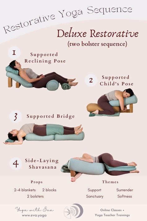 My favourite sequence using TWO bolsters and plenty of restorative yoga props Restorative Yoga With Props, Prenatal Yin Yoga, Yin Yoga Poses With Props, Restorative Yoga Poses With Props, Prenatal Restorative Yoga, Yoga Restorative Poses, Yin Yoga With Bolster, Full Moon Restorative Yoga, Restore Yoga Sequence