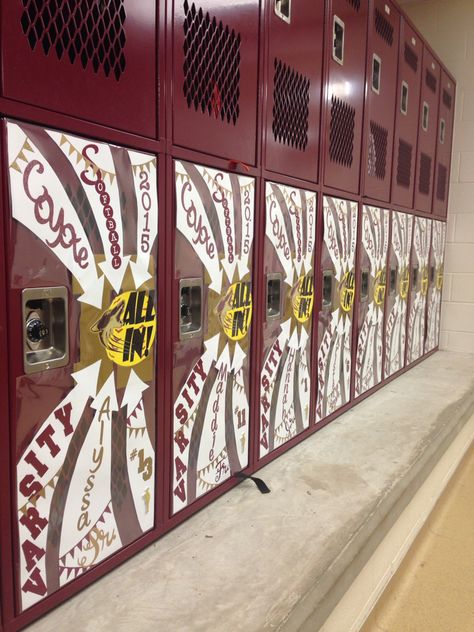 2015 locker decoration for softball. Theme "All In".  Could work for volleyball, basketball, football, Senior night, whatever. Basketball Locker Room Decorations, Sports Locker Decorations, Football Locker Signs, Cheer Locker Decorations, Basketball Locker Decorations, Volleyball Decorations, Volleyball Locker Decorations, Football Locker Decorations, Locker Room Decorations