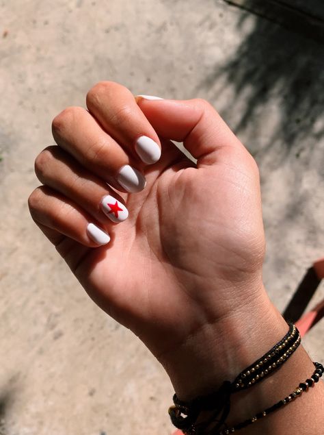 White nails and red star | aesthetic | nail art | nails | Red And White Nails Simple, Red Star Aesthetic, Matching Set Outfit Sweats, Aesthetic Nail Art, Black Gel Nails, Red And White Nails, Star Aesthetic, Aesthetic Nail, Matching Sets Outfit